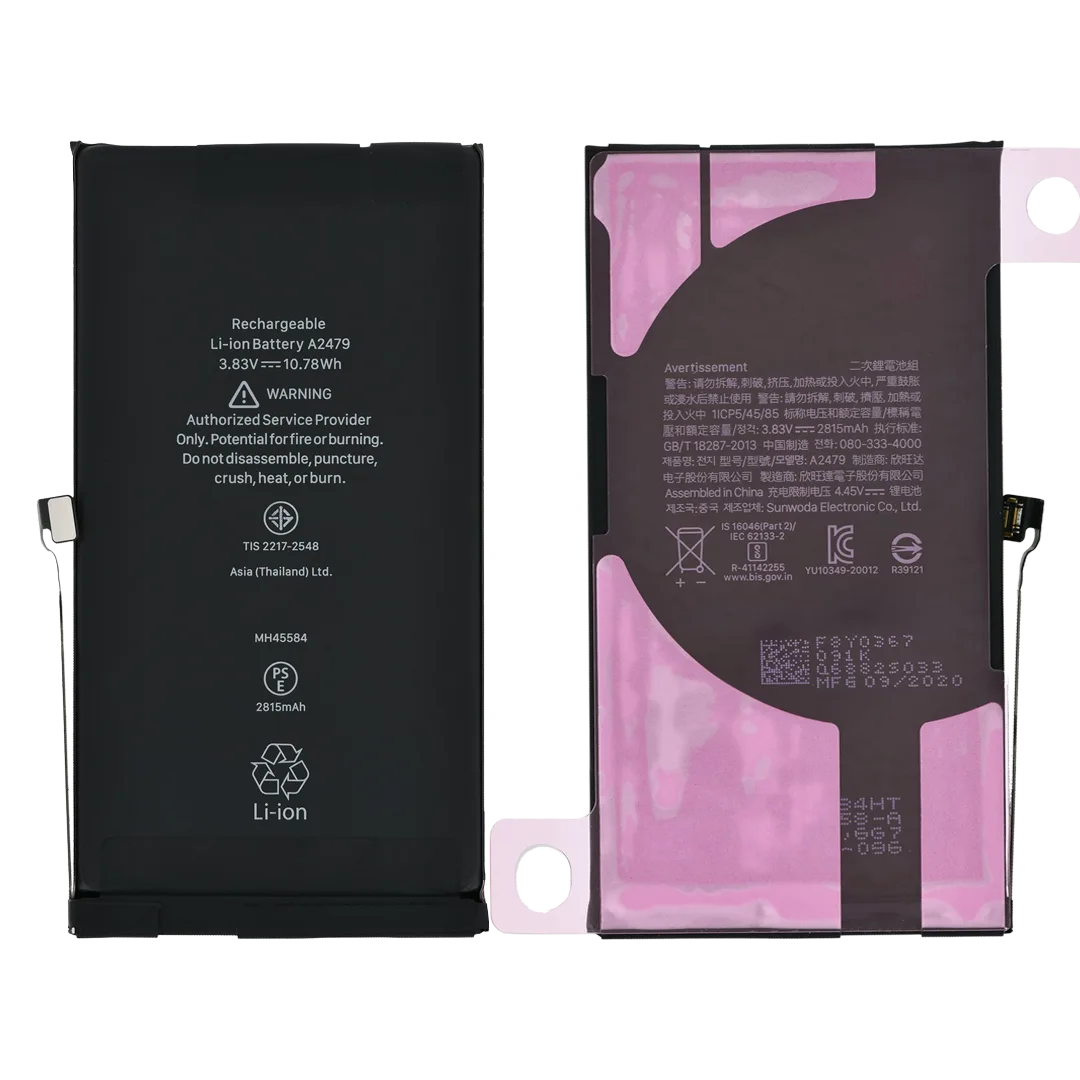 iPhone 12 / 12 Pro replacement battery: rectangular battery shown from the front and back, with the adhesive already applied