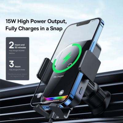 Baseus Halo Electric Wireless Charging Car Mount 15W | Auto-Clamping Air Vent Phone Holder, RGB Light, Type-C Input