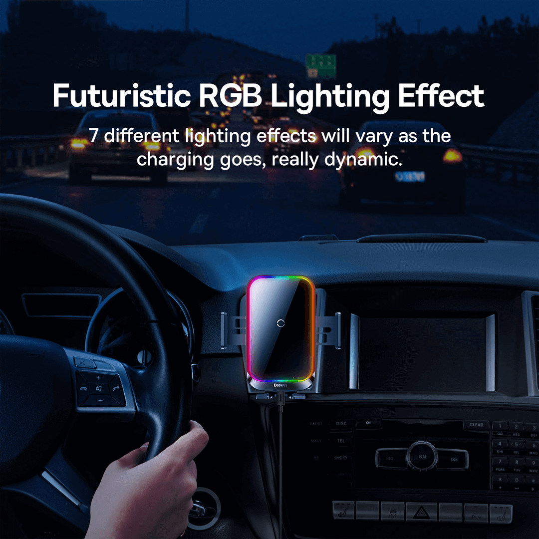 Baseus Halo Electric Wireless Charging Car Mount 15W | Auto-Clamping Air Vent Phone Holder, RGB Light, Type-C Input - Image 3