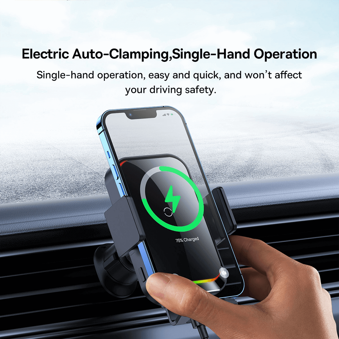 Baseus Halo Electric Wireless Charging Car Mount 15W | Auto-Clamping Air Vent Phone Holder, RGB Light, Type-C Input - Image 4