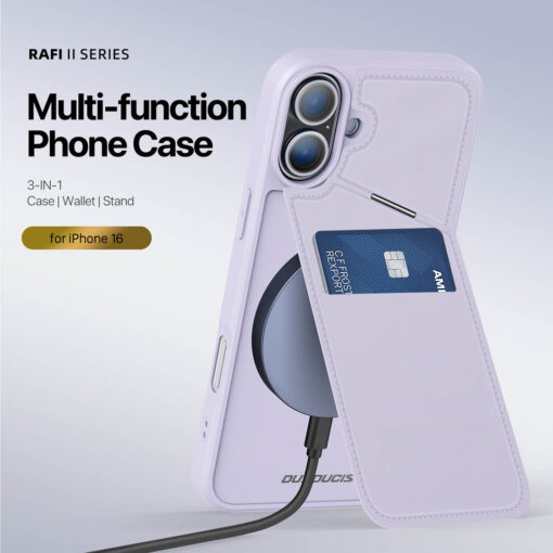 iPhone 16 Plus 3 in 1 Magnetic Charging Wallet Case with Stand - Purple | Rafi II Series by Dux Ducis - Image 3