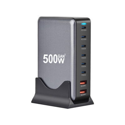 500W GaN³ Multi-Port Charging Station and Desktop USB-C Charger - 6x Type-C, 2x USB, Fast Charging Hub - Grey
