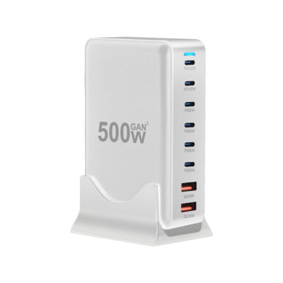 500W GaN³ Multi-Port Charging Station and Desktop USB-C Charger - 6x Type-C, 2x USB, Fast Charging Hub - White