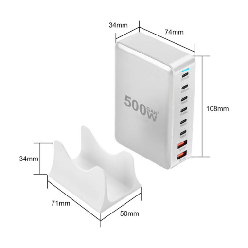 500W GaN³ Multi-Port Charging Station and Desktop USB-C Charger - 6x Type-C, 2x USB, Fast Charging Hub - White - Image 3