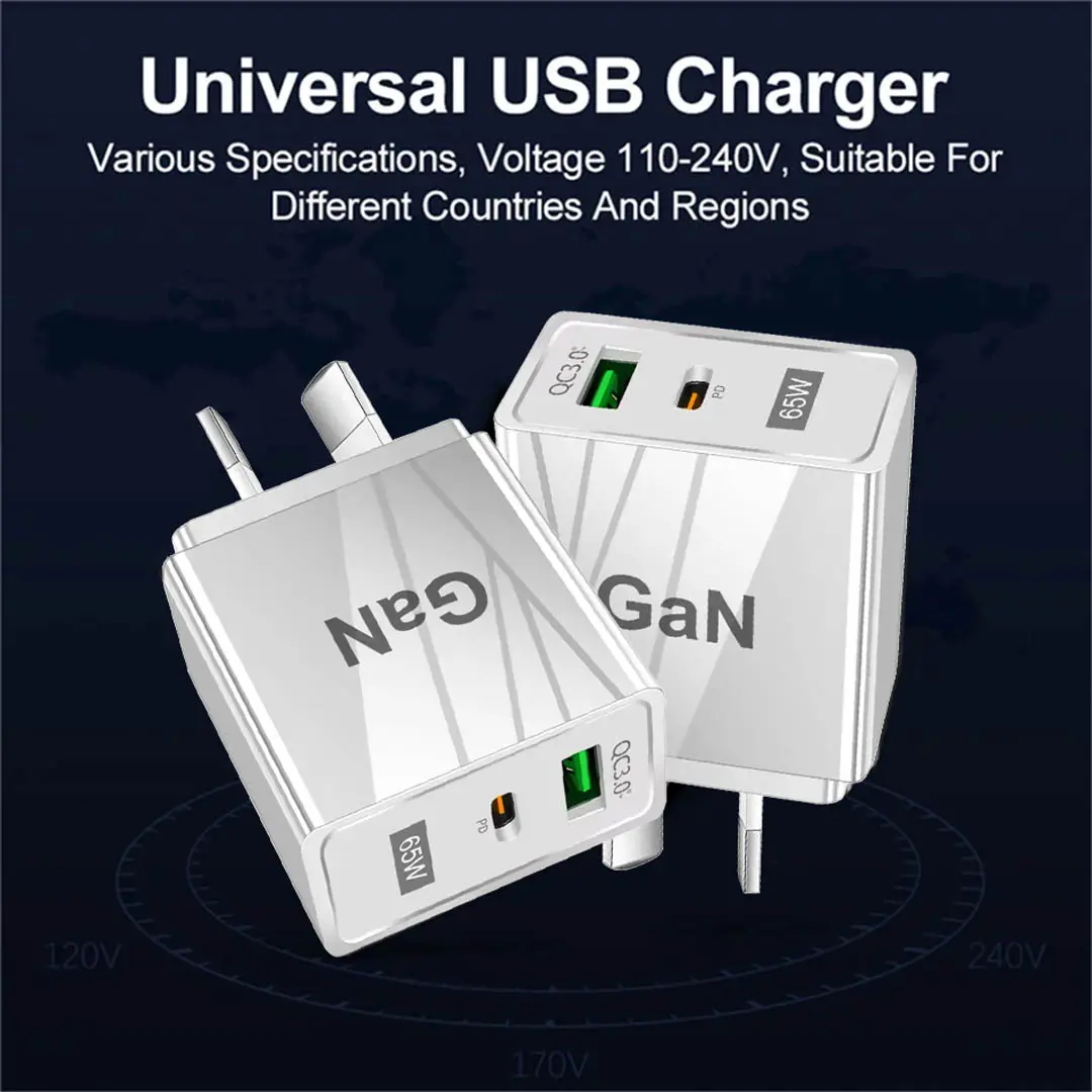 65W Dual-Port USB-C PD and USB-A QC3.0 Fast Charger - BK376-GaN - Image 2