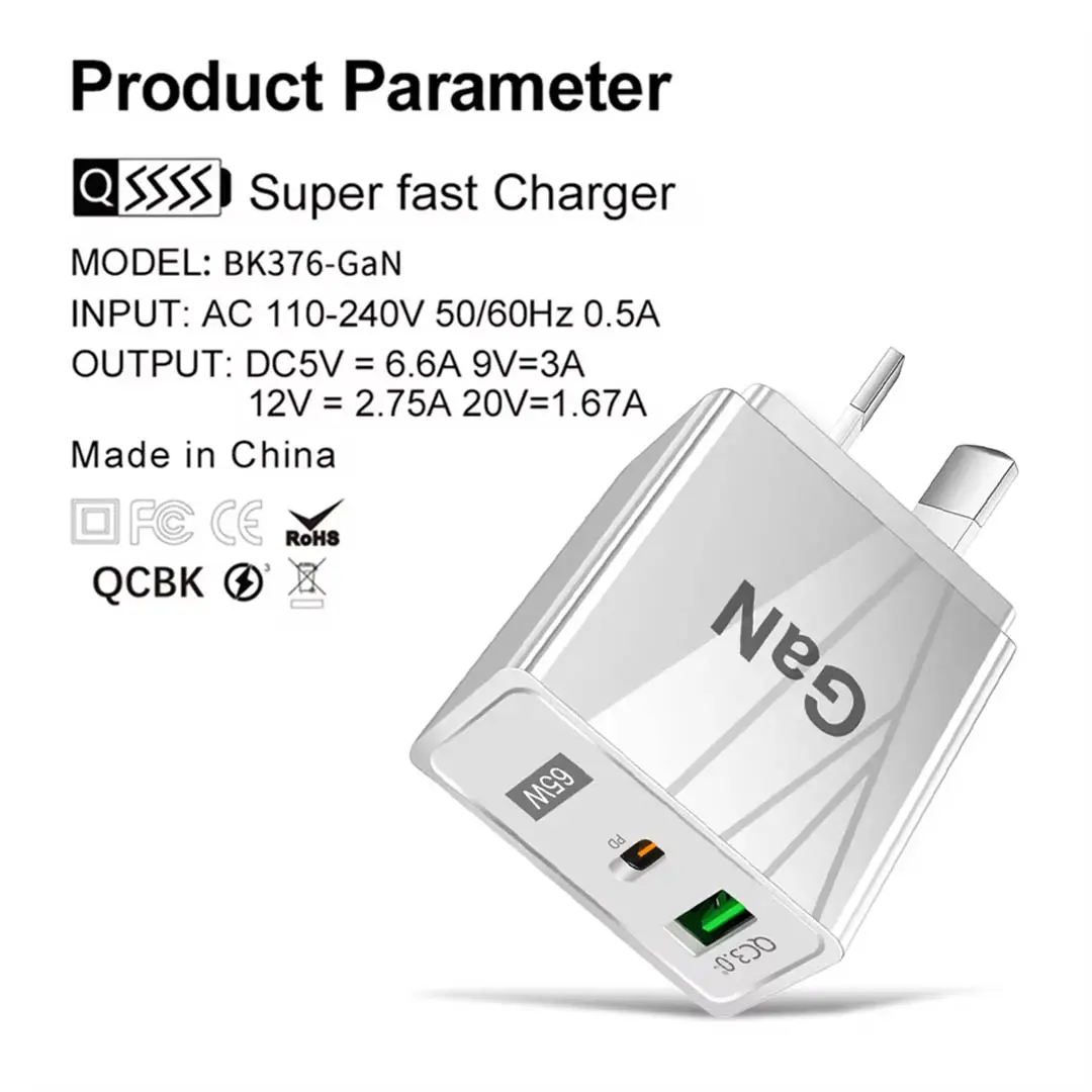 65W Dual-Port USB-C PD and USB-A QC3.0 Fast Charger - BK376-GaN - Image 6