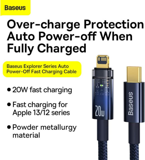 Baseus Explorer Series Auto Power-Off Type-C to Lightning Cable | 20W PD Fast Charge for iPhone/iPad, 480Mbps Data (1M, Black) - Image 6