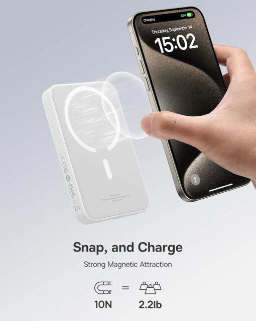 Baseus Magnetic Mini Wireless Portable Charger - 6000mAh, Fast Charge, Compact Design - Starlight White - Image 4