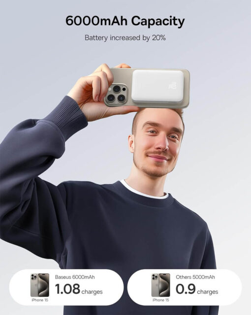 Baseus Magnetic Mini Wireless Portable Charger - 6000mAh, Fast Charge, Compact Design - Starlight White - Image 6