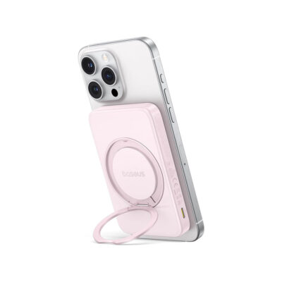 Baseus PicoGo Qi2 5000mAh 15W Magnetic Wireless Power Bank - 20W PD with Rotatable Kickstand - Baby Pink