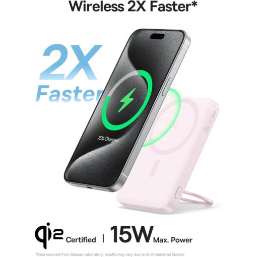 Baseus PicoGo Qi2 5000mAh 15W Magnetic Wireless Power Bank - 20W PD with Rotatable Kickstand - Baby Pink - Image 3
