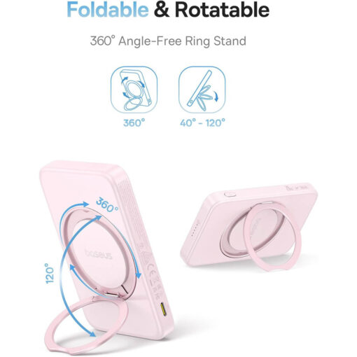 Baseus PicoGo Qi2 5000mAh 15W Magnetic Wireless Power Bank - 20W PD with Rotatable Kickstand - Baby Pink - Image 4