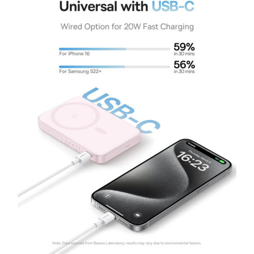Baseus PicoGo Qi2 5000mAh 15W Magnetic Wireless Power Bank - 20W PD with Rotatable Kickstand - Baby Pink - Image 5