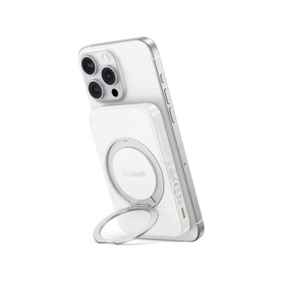 Baseus PicoGo Qi2 5000mAh 15W Magnetic Wireless Power Bank - 20W PD with Rotatable Kickstand - Moon White