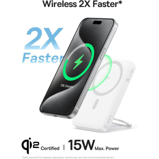 Baseus PicoGo Qi2 5000mAh 15W Magnetic Wireless Power Bank - 20W PD with Rotatable Kickstand - Moon White - Image 3