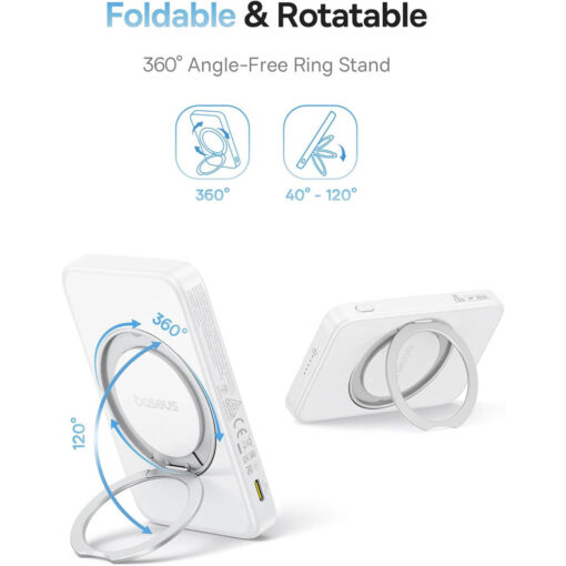 Baseus PicoGo Qi2 5000mAh 15W Magnetic Wireless Power Bank - 20W PD with Rotatable Kickstand - Moon White - Image 4