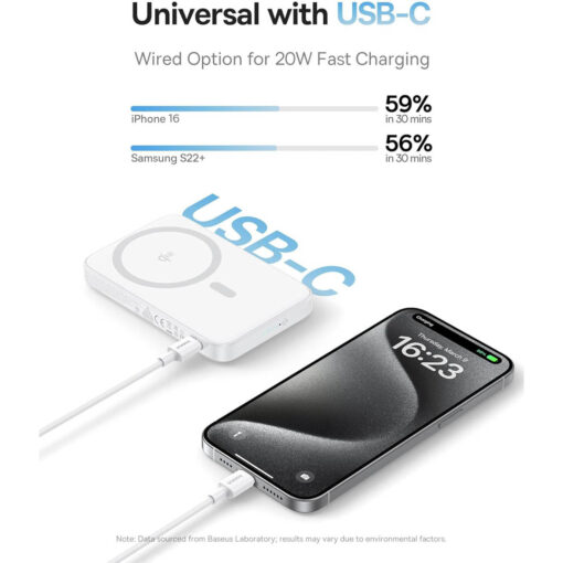 Baseus PicoGo Qi2 5000mAh 15W Magnetic Wireless Power Bank - 20W PD with Rotatable Kickstand - Moon White - Image 5