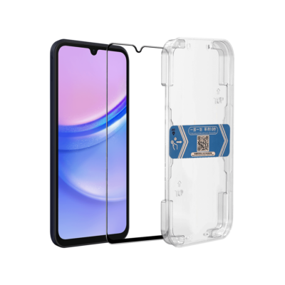 Samsung Galaxy A25 A15 tempered glass screen protector with alignment tool front view.