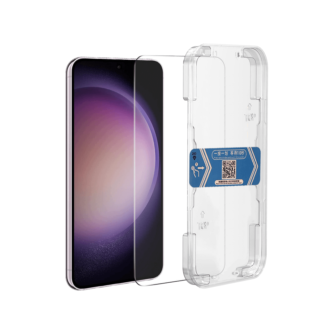 Samsung Galaxy S23 S22 tempered glass screen protector with alignment tool front view.