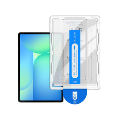 Samsung Galaxy Tab S10 FE+ screen protector with alignment tool, tempered glass front view