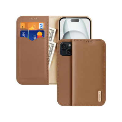 iPhone 15 leather wallet case brown by Dux Ducis