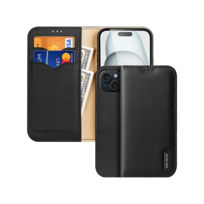 iPhone 15 Plus leather wallet case black by Dux Ducis