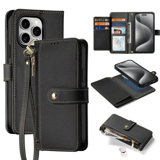 DUX DUCIS Lawa Series iPhone 15 Pro Max Wallet Case - Black, Detachable, Magnetic Charging, Card Holder Protection