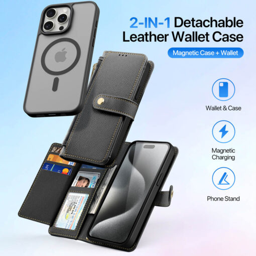 DUX DUCIS Lawa Series iPhone 15 Pro Max Wallet Case - Black, Detachable, Magnetic Charging, Card Holder Protection - Image 3