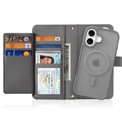 iPhone 16 Plus 2 in 1 Magnetic Charging Wallet Case - Grey | Lawa Series by Dux Ducis