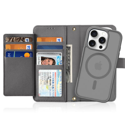 iPhone 16 Pro Max 2 in 1 Magnetic Charging Wallet Case - Grey | Lawa Series by Dux Ducis