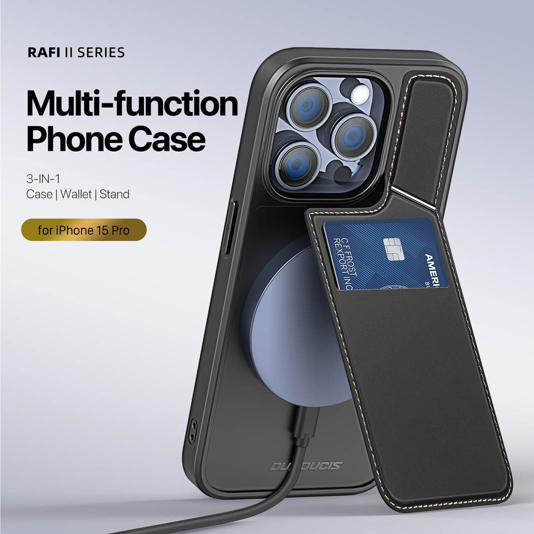 iPhone 15 Pro 3 in 1 Magnetic Charging Wallet Case with Stand - Black | Rafi II Series by Dux Ducis - Image 3